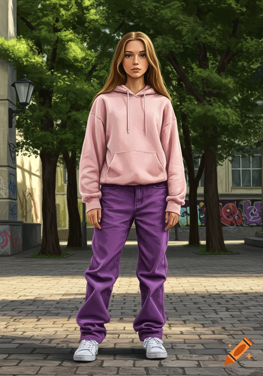 A tall teen girl in a pink hoodie and purple baggy jeans stands on a cobblestone street with trees and graffiti in the background.