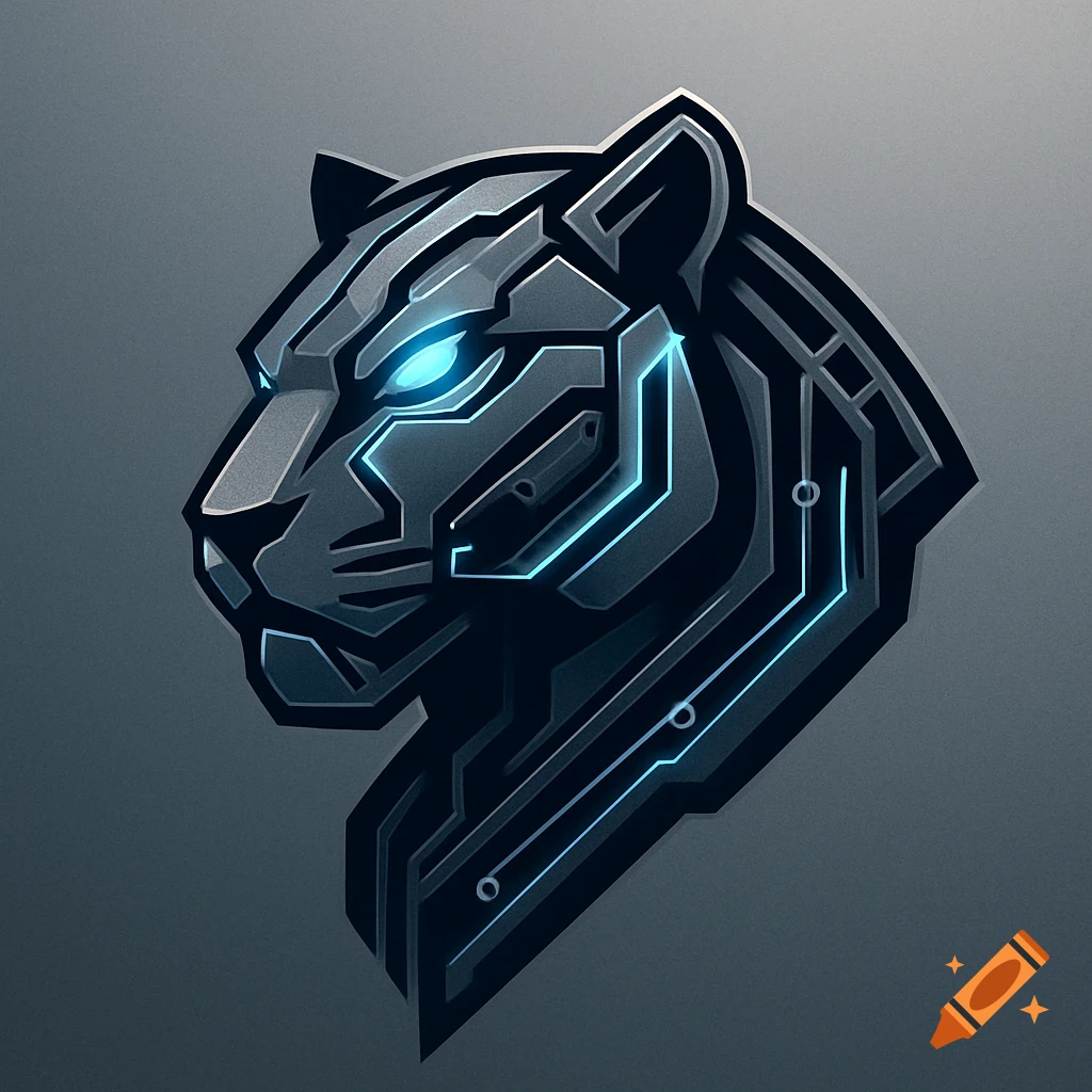 A stylized robotic tiger head logo with glowing blue eyes and circuitry patterns on a gray background.