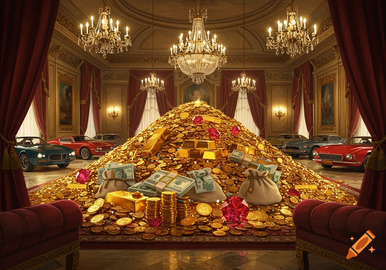 An opulent room filled with a massive pile of gold coins, gold bars, stacks of banknotes, rubies, and luxury cars.