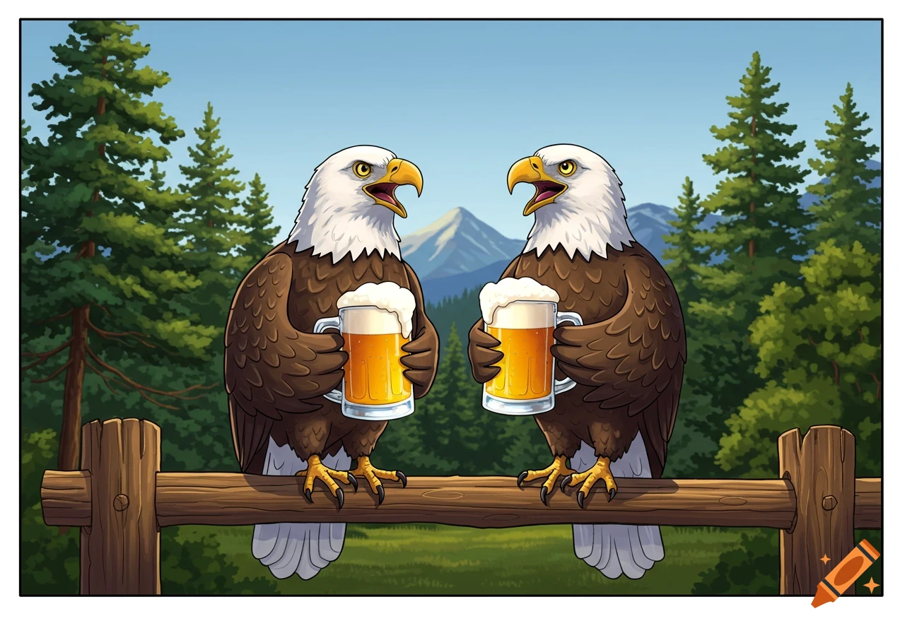Two cartoon bald eagles sit on a wooden fence, each holding a frothy mug of beer, against a background of green pine trees and blue mountains.
