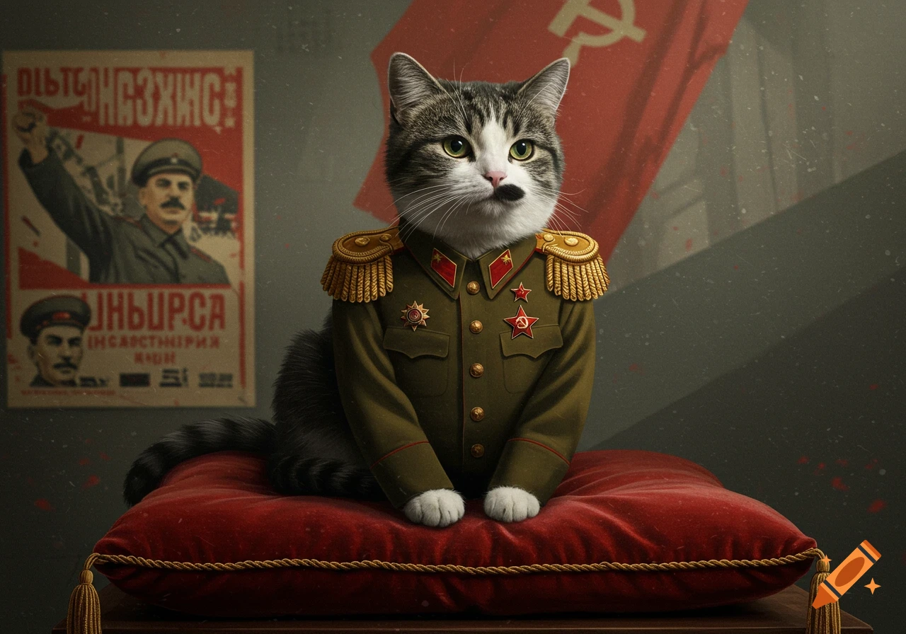 A tabby cat dressed in a Soviet military uniform with medals sits on a red cushion, with a blurred propaganda poster in the background.