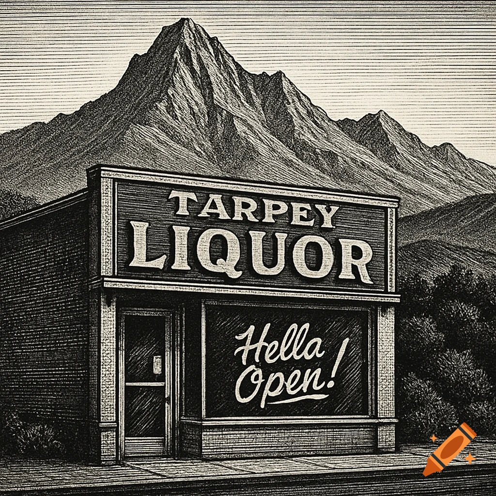 A black and white engraving of a Tarpey Liquor store with 'Hella Open!' on the window, set against a mountain backdrop.