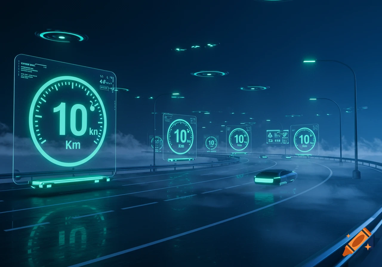 A futuristic highway at night, with glowing digital speed limit signs displaying '10 Km' and a sleek, dark vehicle.