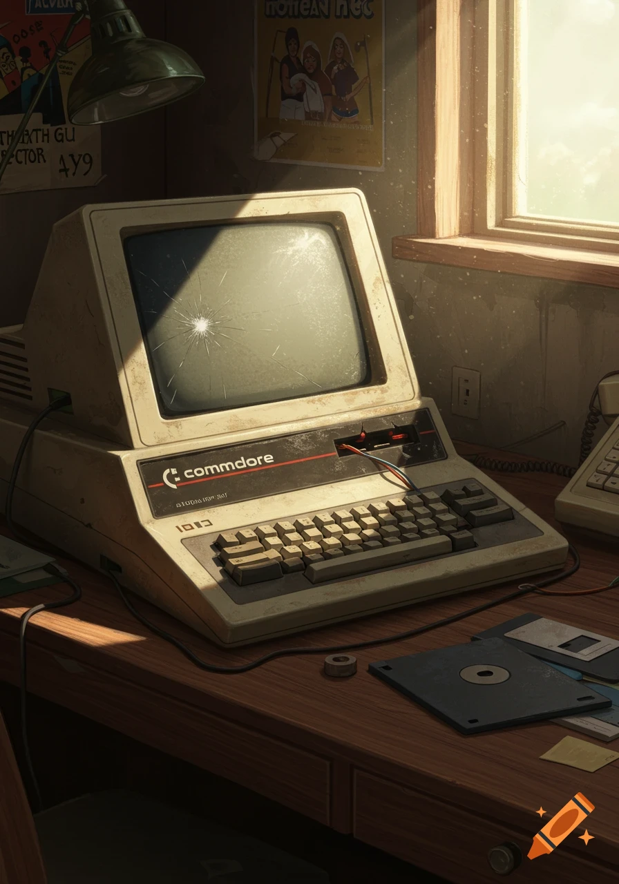 A vintage Commodore computer with a cracked screen sits on a wooden desk, illuminated by sunlight from a nearby window. Floppy disks and papers are scattered on the desk, with posters on the wall.