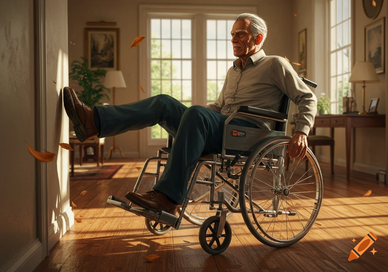 An elderly man in a wheelchair pushing off a wall with his foot in a sunlit room, with leaves falling around him. Photorealistic style.