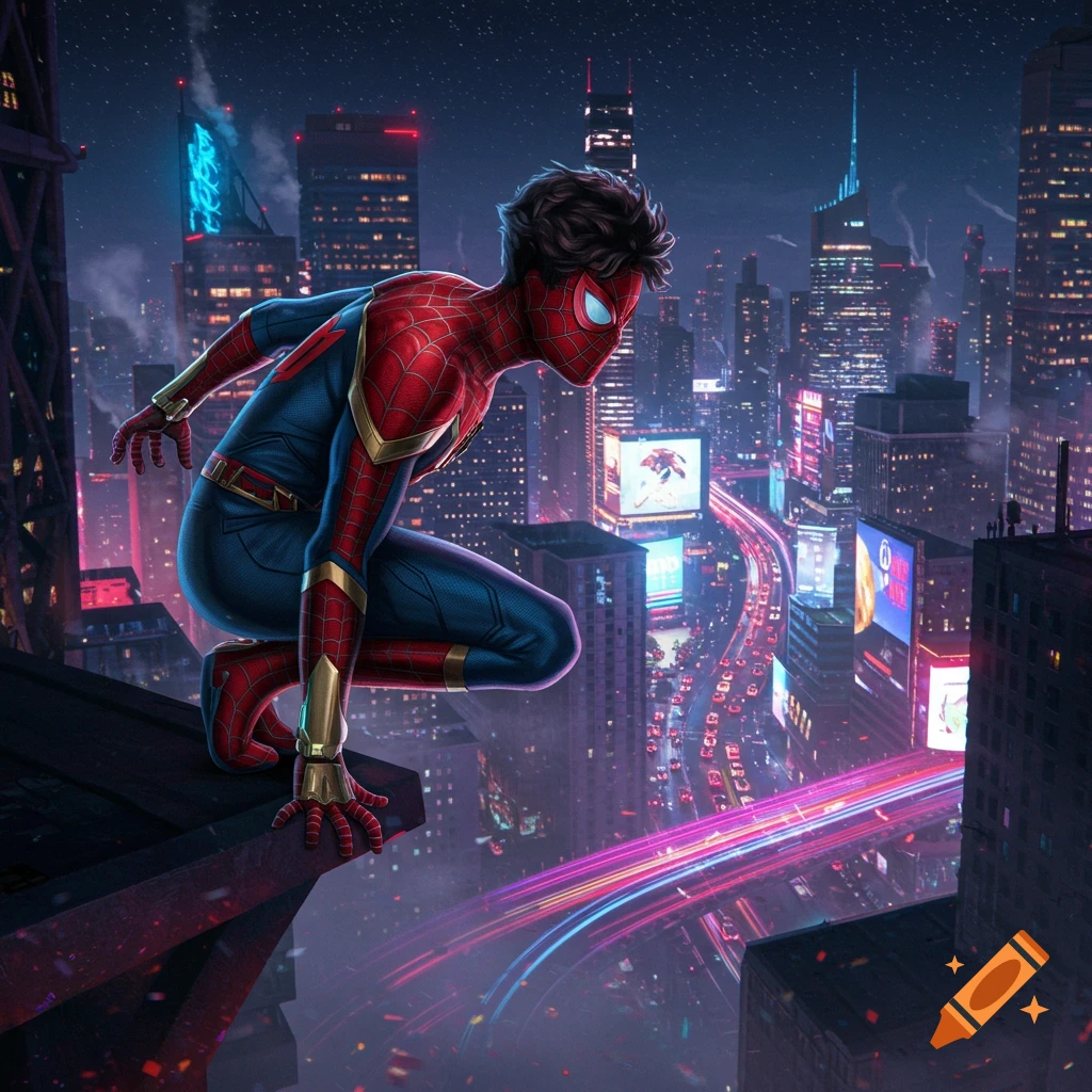 Spider-Man crouches on a skyscraper ledge, overlooking a sprawling, neon-lit futuristic city at night with vibrant light trails from traffic.
