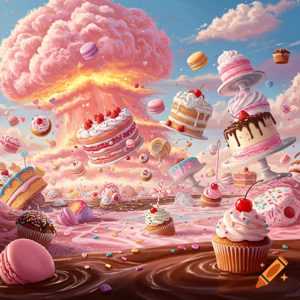 A whimsical 'cake apocalypse' scene with various cakes, cupcakes, and macarons floating around a pink frosting mushroom cloud.