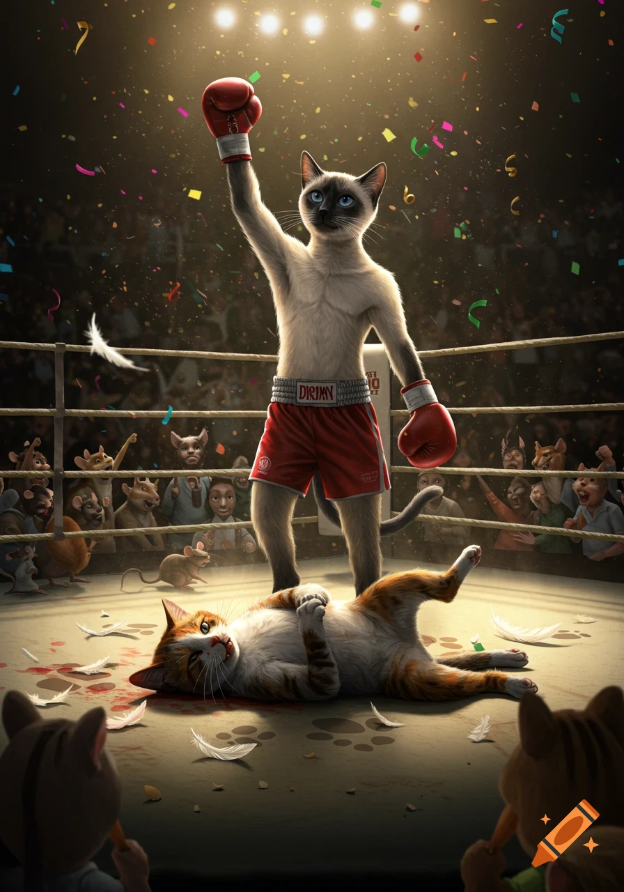 A Siamese cat in red boxing gloves and shorts stands victorious in a boxing ring, raising a gloved hand over a defeated, bloodied ginger cat lying on the canvas.