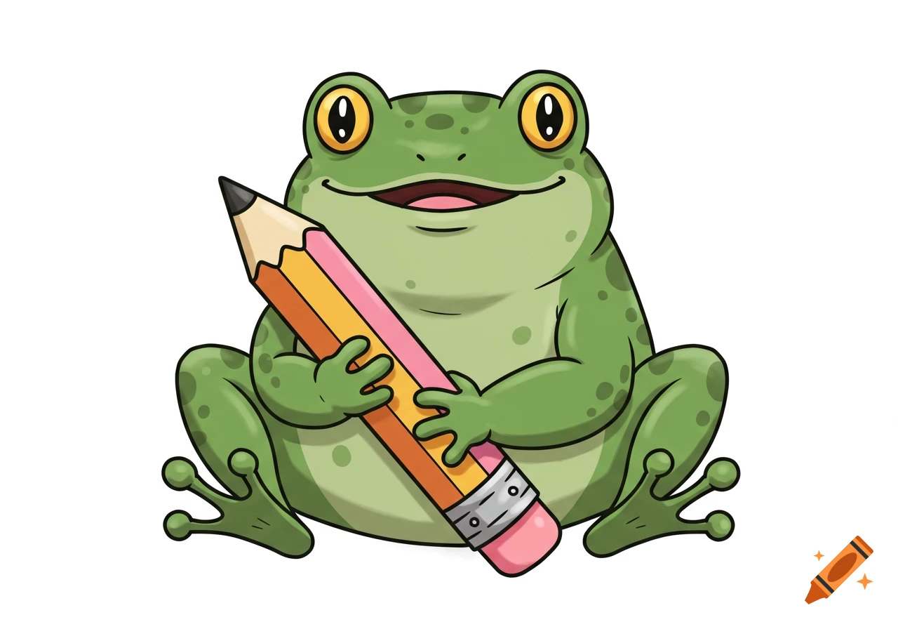 A cute, cartoonish green frog sitting and holding a large pencil.