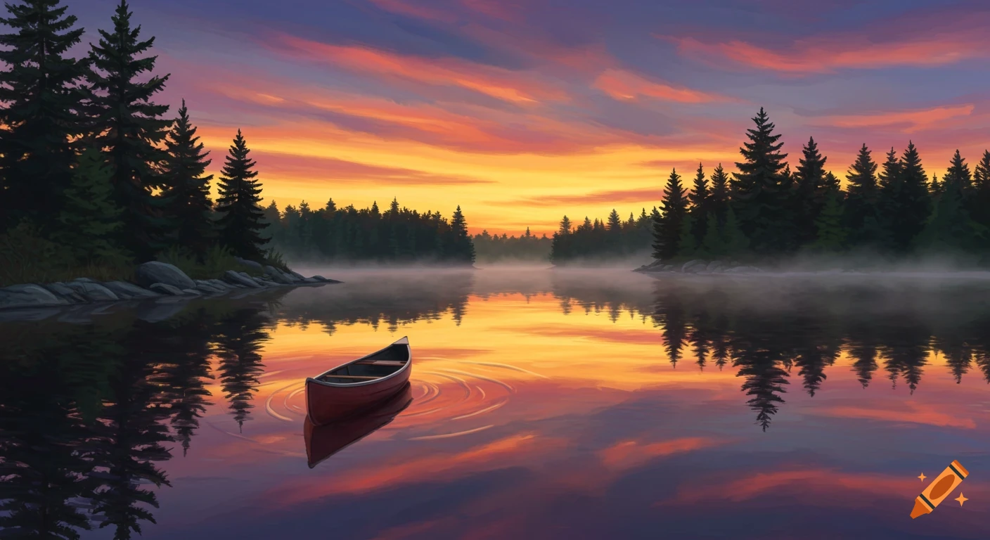 Red canoe on a calm lake reflects a vibrant orange and purple sunset, surrounded by dark pine trees and mist.