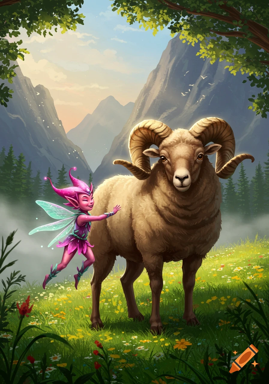 A small pink fairy with wings smiles while reaching out to a large ram in a vibrant, flowery mountain meadow illustration.