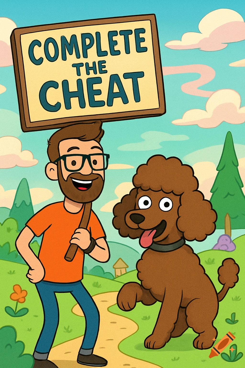 An Adventure Time-style cartoon depicts a smiling man with a beard and glasses holding a sign that reads "COMPLETE THE CHEAT" next to a brown poodle.