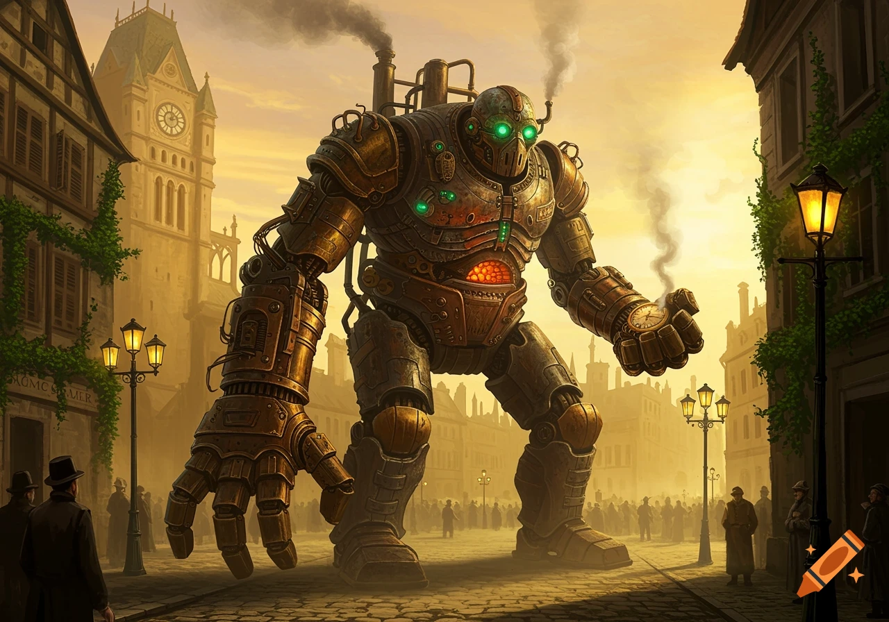 A massive steampunk golem with glowing green eyes and brass armor stands in a cobblestone city street, towering over people and buildings under a golden sky.