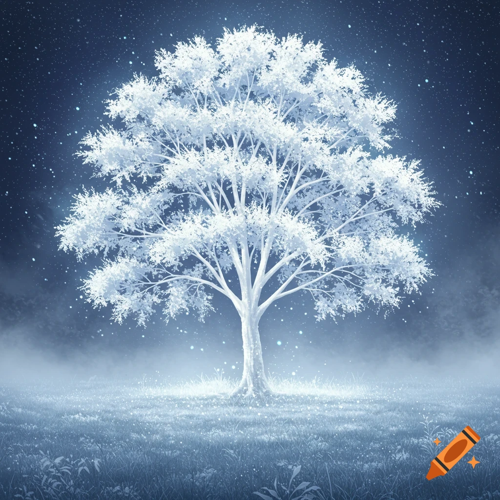 A luminous white tree stands in a misty, starry field under a dark blue sky.