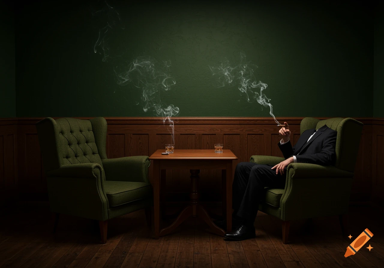 A headless man in a black suit sits in a dark green armchair, smoking a cigar. Two armchairs and a table with drinks are in a dimly lit room with dark green walls and wooden wainscoting.