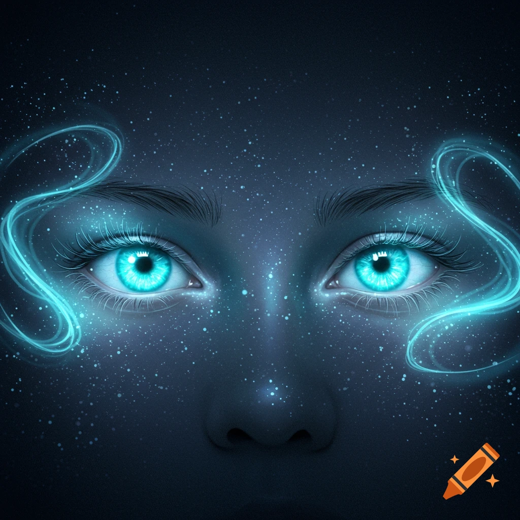 Close-up of vibrant cyan eyes glowing with cosmic dust and ethereal light trails against a dark background.