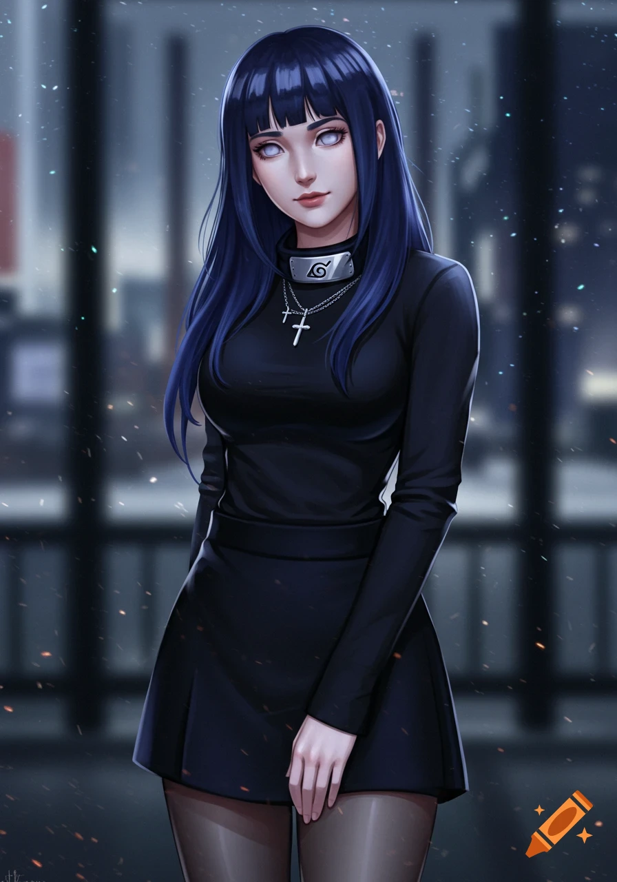 An anime-style portrait of Hinata from Naruto, wearing a black top and skirt, with a Konoha headband and two cross necklaces.