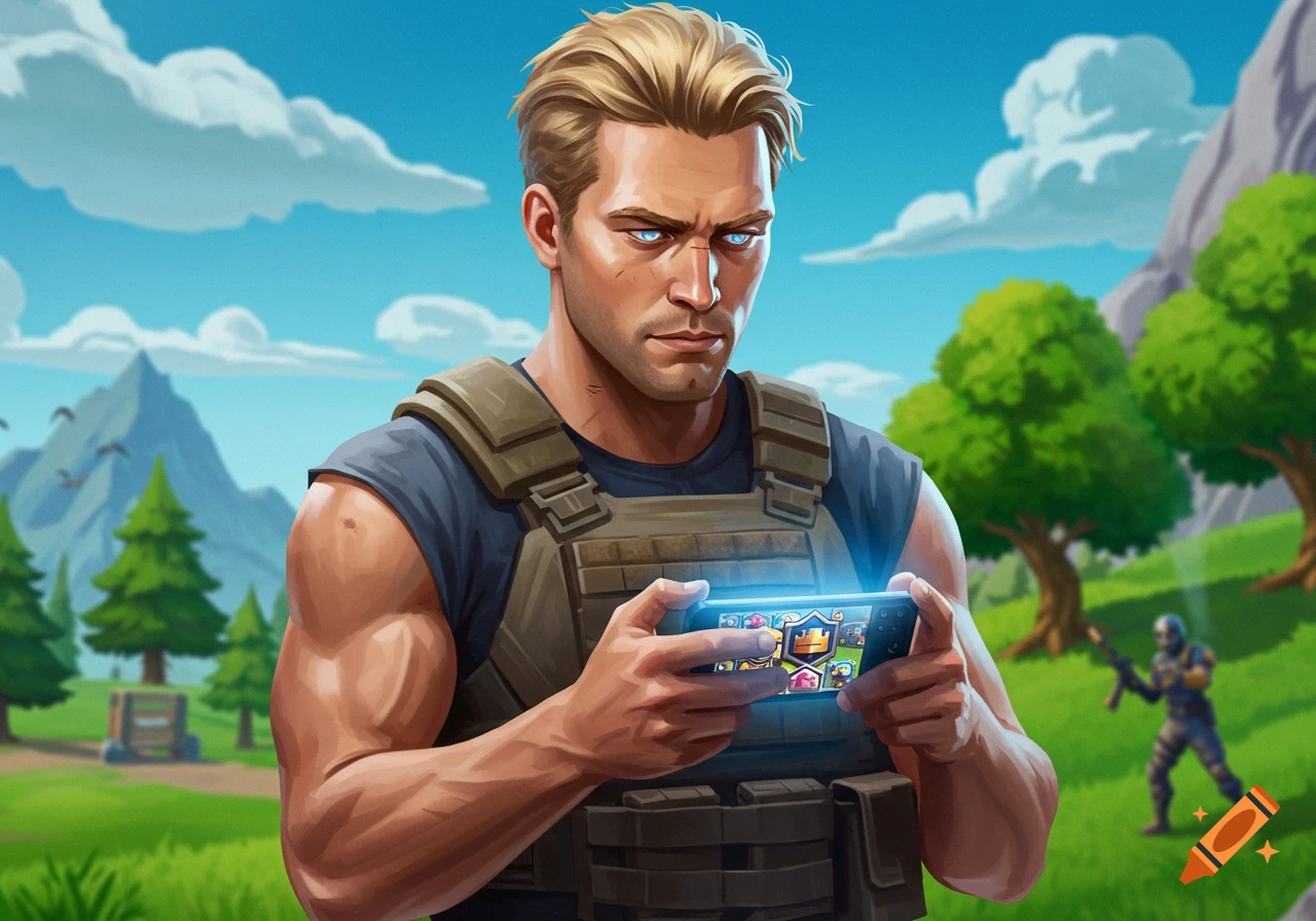 A stylized illustration of Jonesy from Fortnite, wearing a tactical vest, intently playing a mobile game on his glowing phone in a vibrant, cartoonish landscape.
