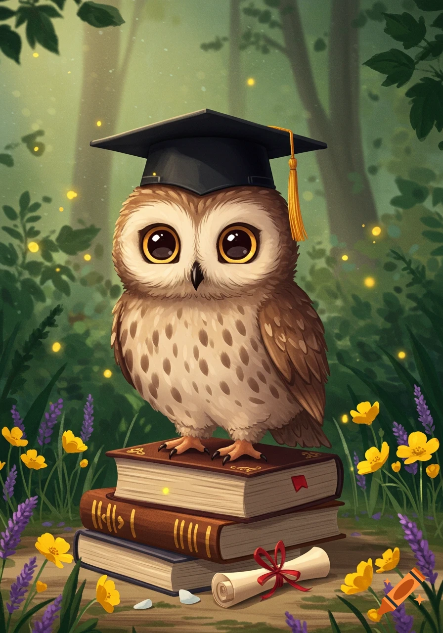 A cute cartoon owl wearing a black graduation cap stands on a stack of books in a magical forest with glowing fireflies and purple and yellow flowers.