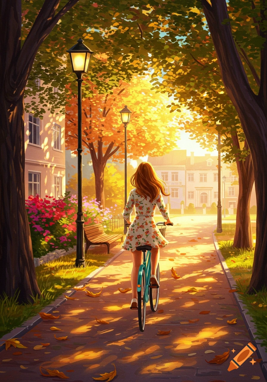 A woman with long red hair rides a bicycle down an autumn park path lined with trees and lampposts, with golden sunlight filtering through the leaves.