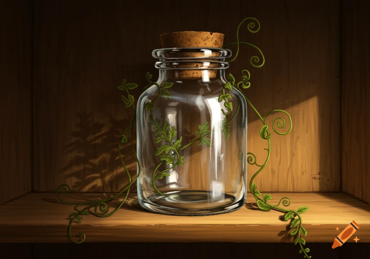 An empty glass jar with a cork stopper and green vines on a wooden shelf in an illustration style.