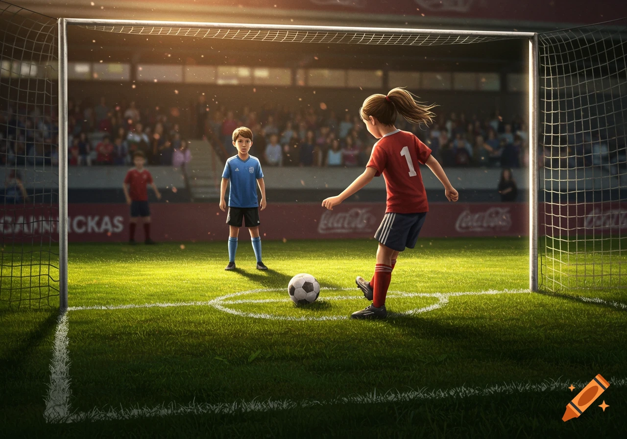 A young girl in a red jersey takes a penalty kick against a boy in a blue jersey in a brightly lit soccer stadium.