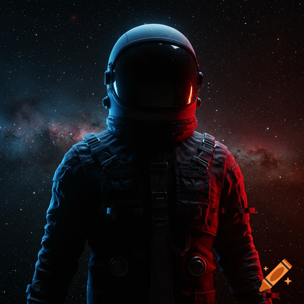 Astronaut in a dark suit with red and blue accents against a starry cosmic background. Reflective black visor obscures the face.