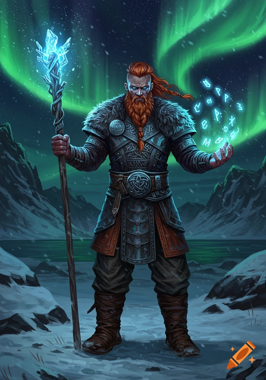 A fierce Viking warrior with a red beard stands in a snowy landscape under the aurora borealis, holding a glowing staff and casting a spell with glowing runes.