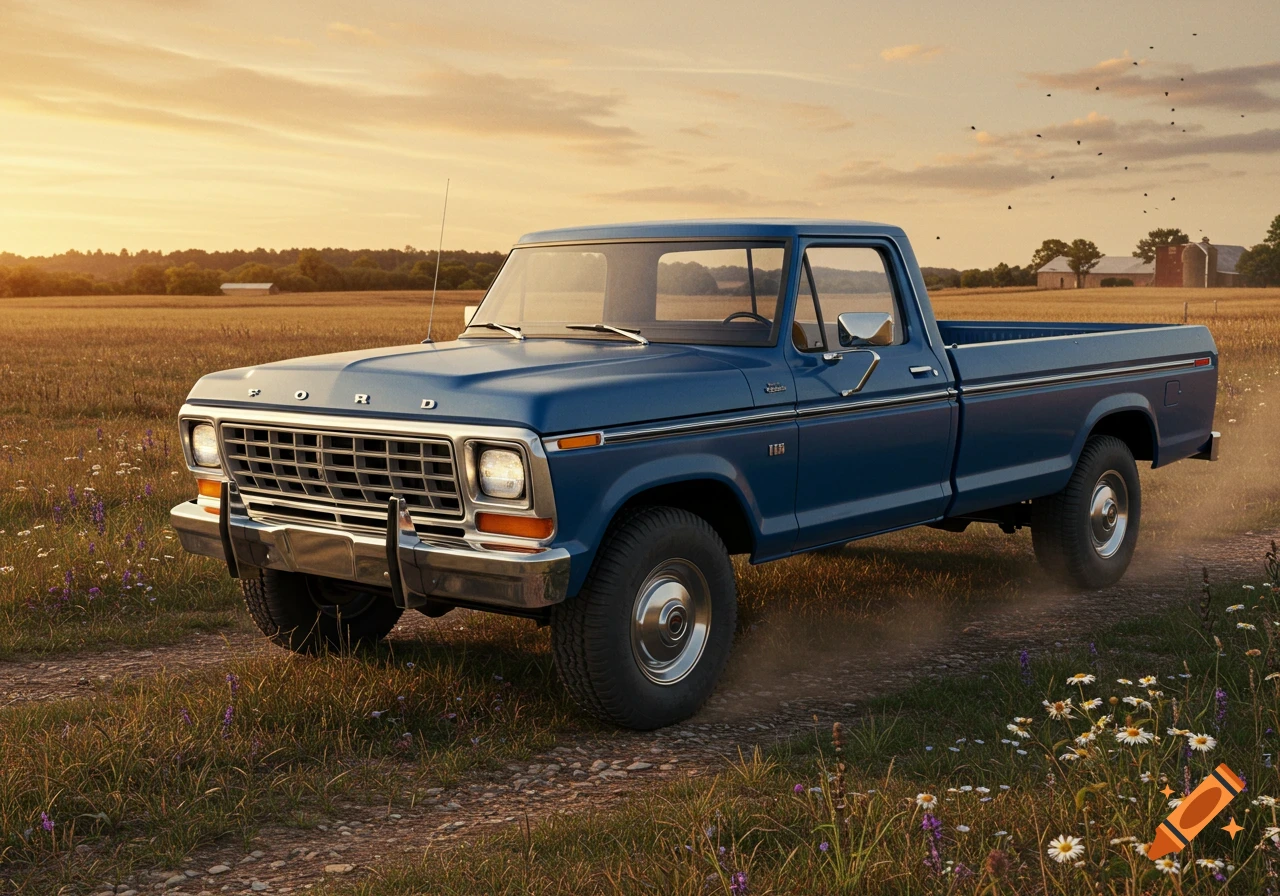 A blue 1970s Ford pickup truck drives on a dirt road through a field at sunset, kicking up dust.