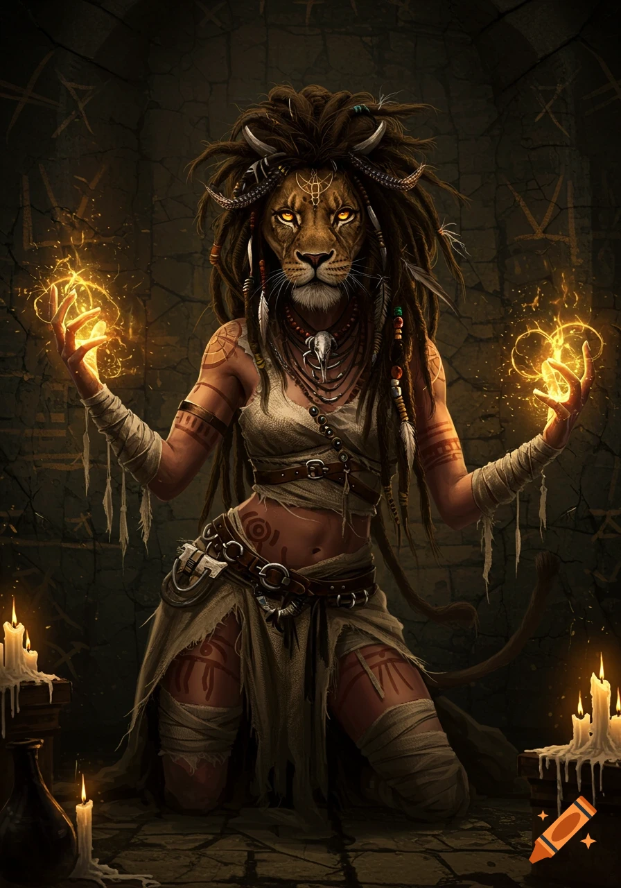 A powerful lioness-headed woman in tribal attire channels golden energy in a shadow-lit chamber with ancient symbols and candles.