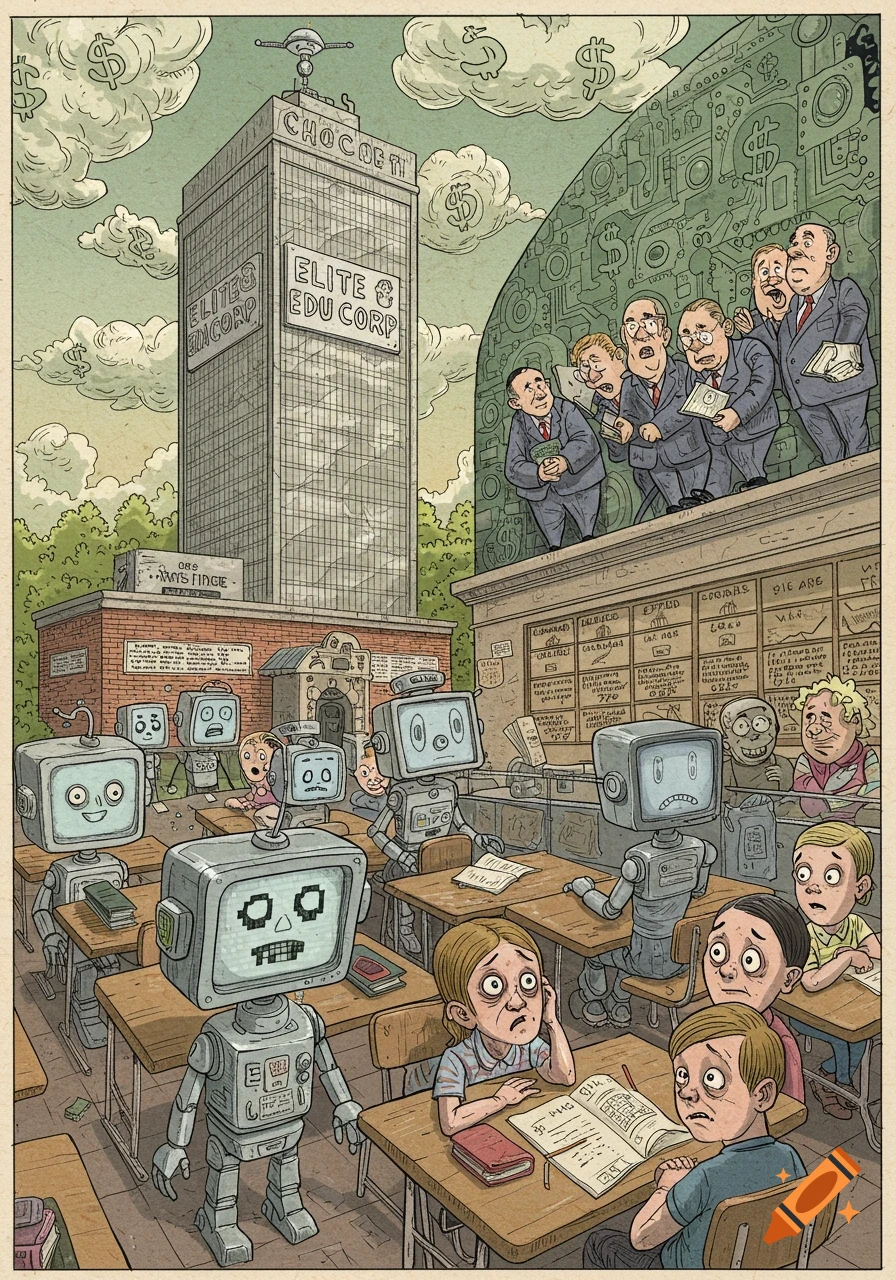 A satirical illustration in R. Crumb's style shows a grim classroom of students, some replaced by robots. A tall 'ELITE EDU CORP' building looms, while businessmen observe from a wall covered in garbled text.