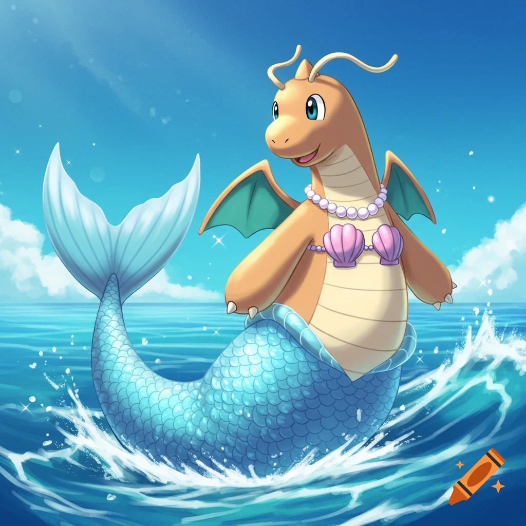 A cute cartoon Dragonite with a blue mermaid tail and pink seashell bra emerges from the ocean under a blue sky.