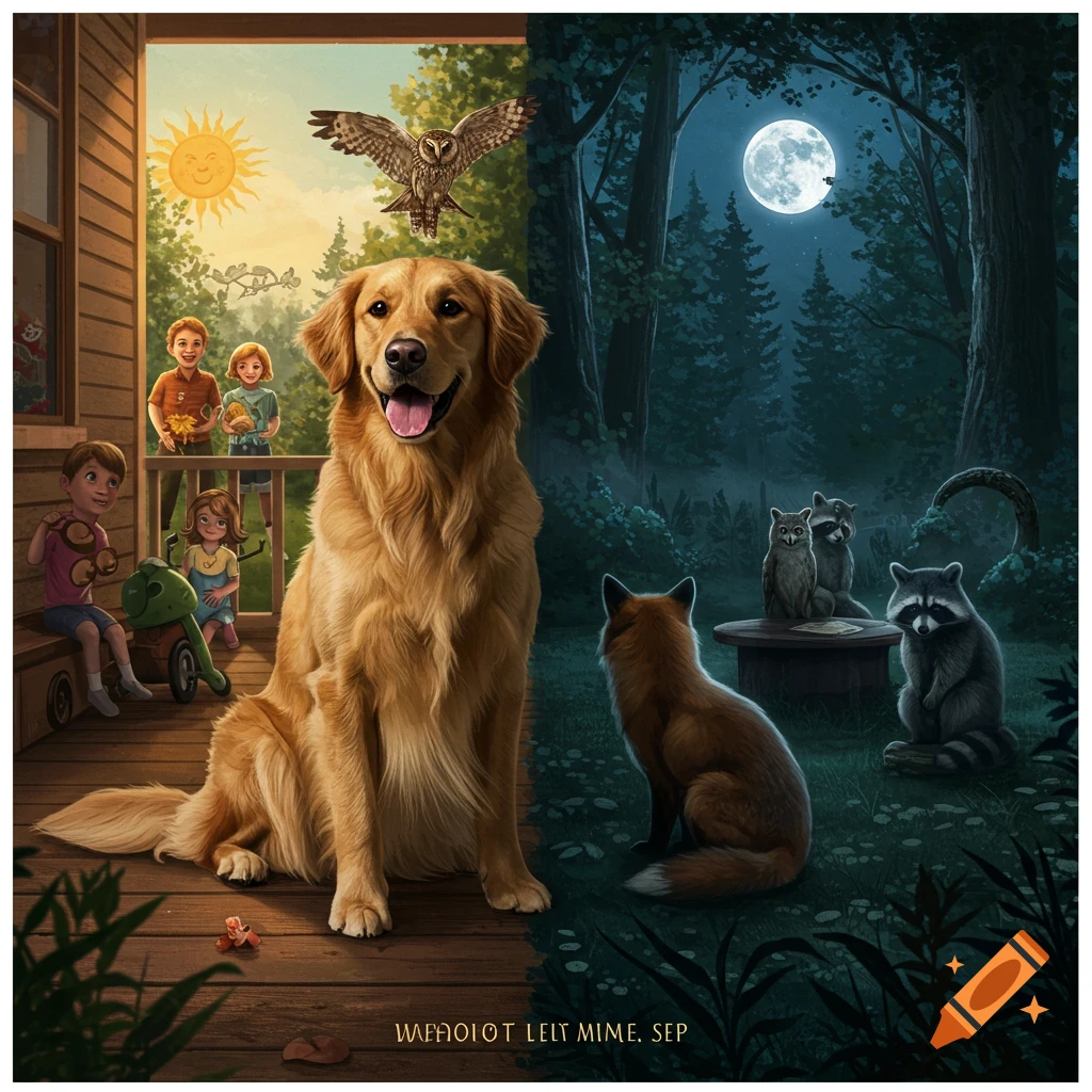 A golden retriever sits on a porch in a split scene. Day on the left shows children, a sun, and an owl. Night on the right shows a full moon, a fox, and raccoons in a forest.