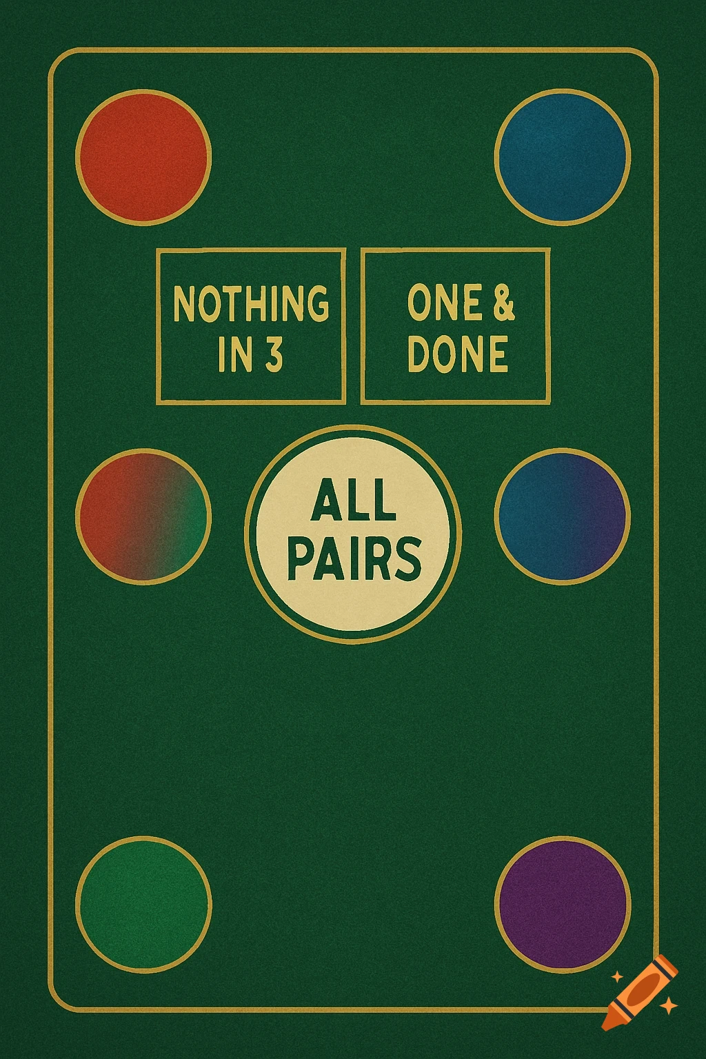 A green casino-style game board with gold trim, colored circles, and game text including 'ALL PAIRS'.