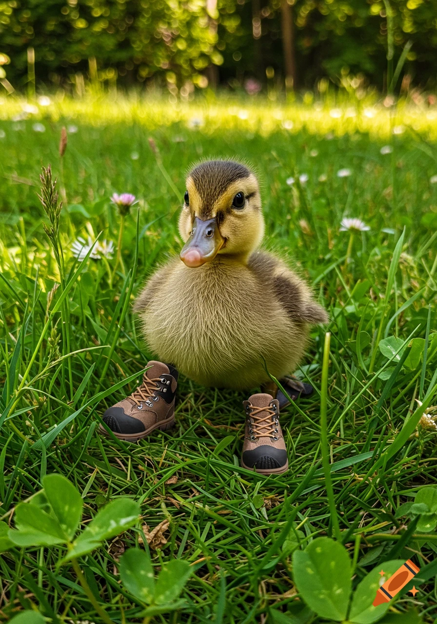 A photorealistic image of a fluffy baby duckling standing in green grass, wearing tiny brown hiking boots.