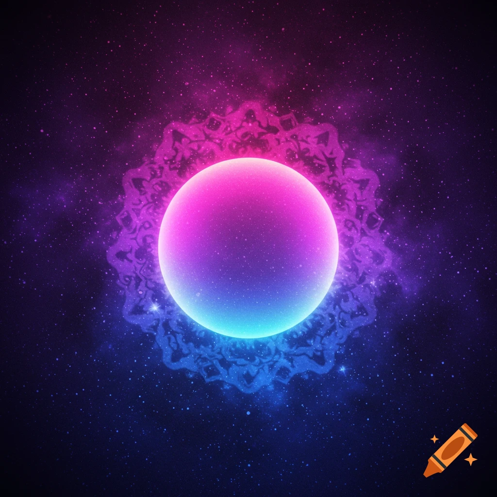 A vibrant, glowing sphere with a pink-to-blue gradient, surrounded by a luminous psychedelic mandala pattern against a starry galaxy background.