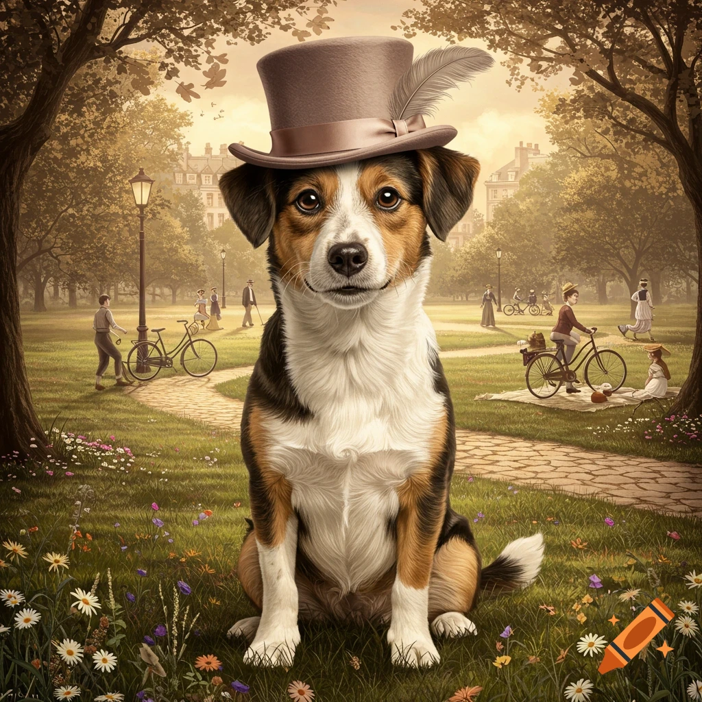 A small dog wearing a brown top hat with a feather sits in a sunny park, with distant people and trees, in a photorealistic style.