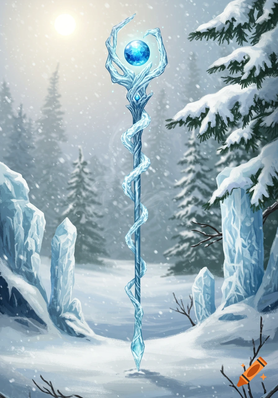 A detailed ice magic staff with a glowing blue orb stands upright in a snowy winter forest under a bright sun.
