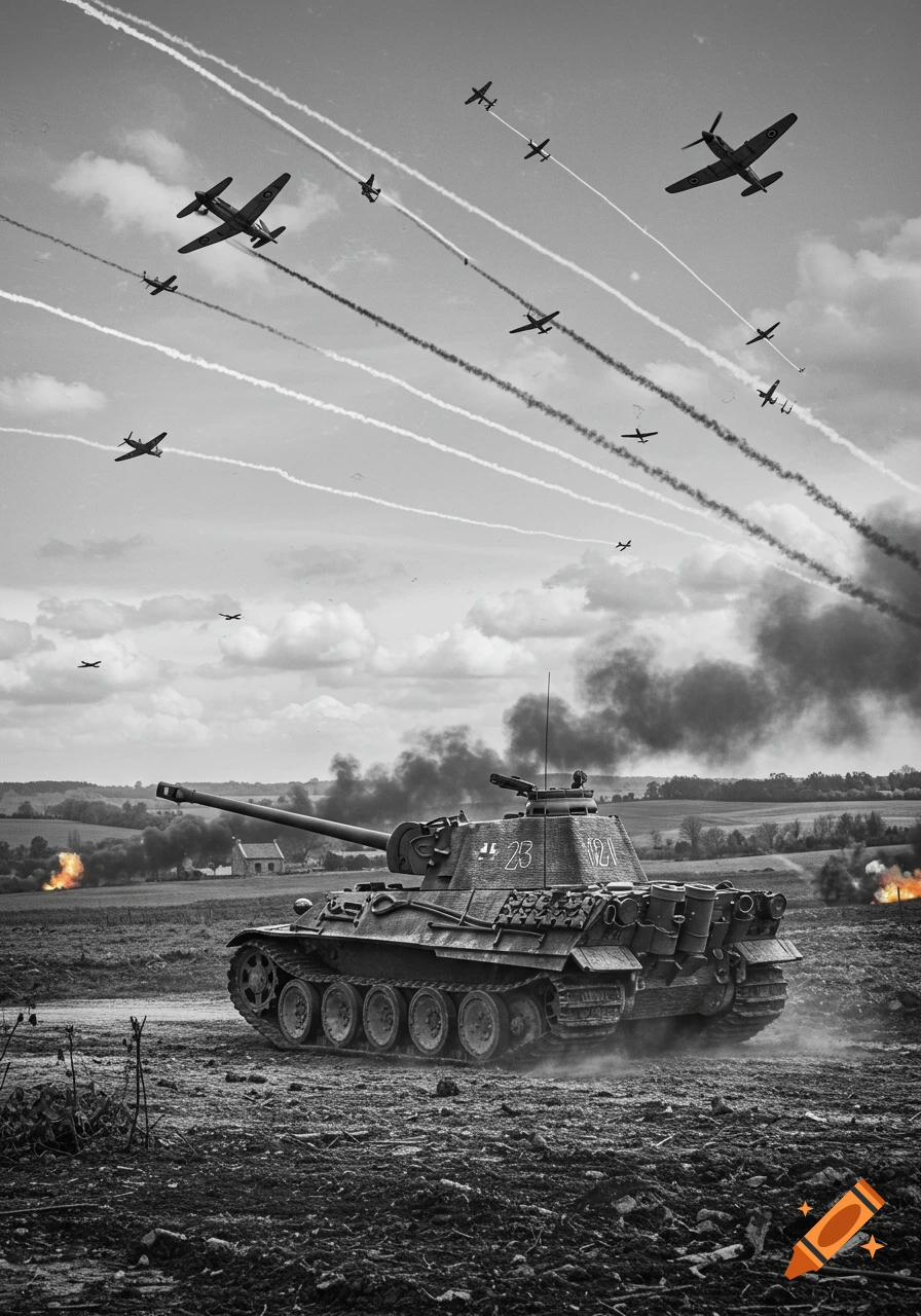 A black and white image of a military tank in a field with planes flying above and explosions in the distance.