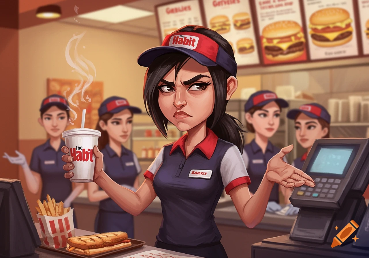 A disgruntled cartoon cashier with dark hair, wearing a Habit uniform, holds a drink while gesturing at a POS machine. Fries and a sandwich are on the counter in a fast-food restaurant.