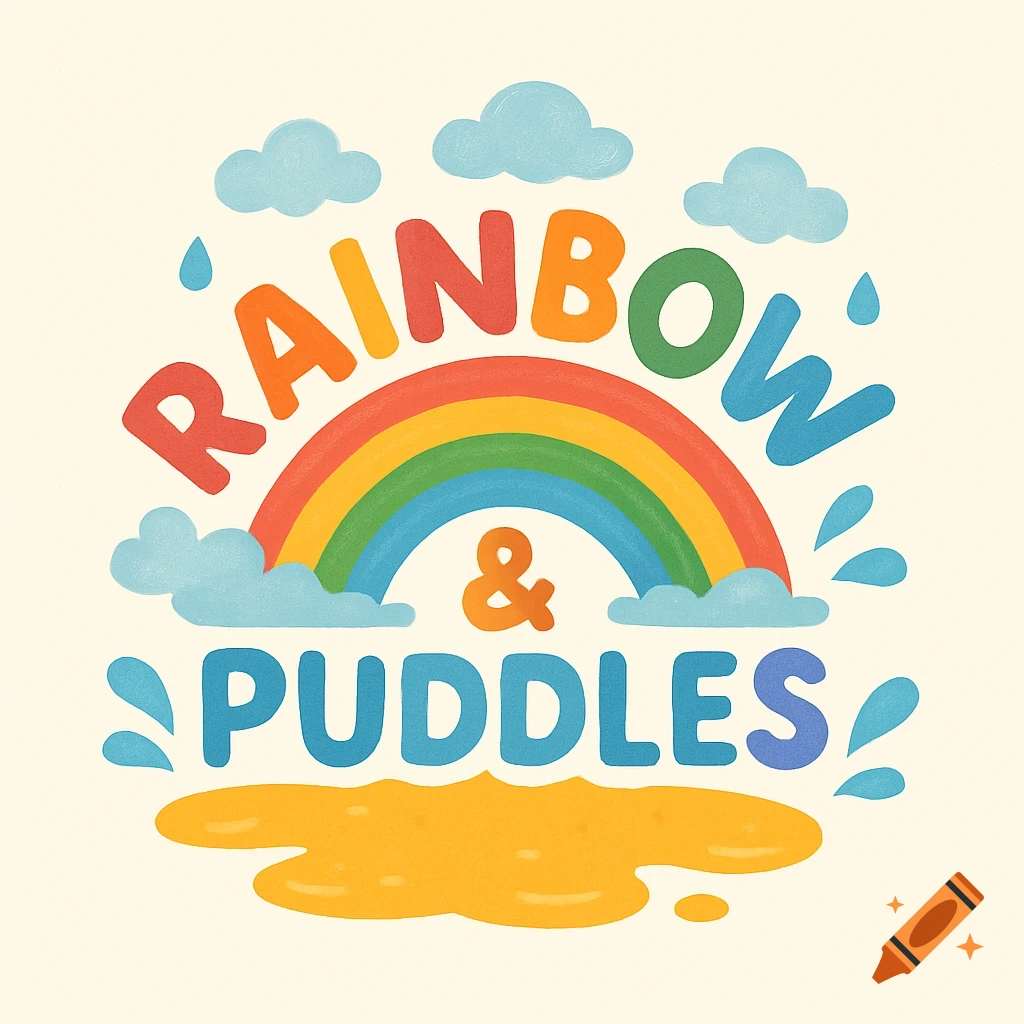 Colorful illustration with a rainbow, clouds, and an orange puddle. The text 'RAINBOW & PUDDLES' is centrally displayed.