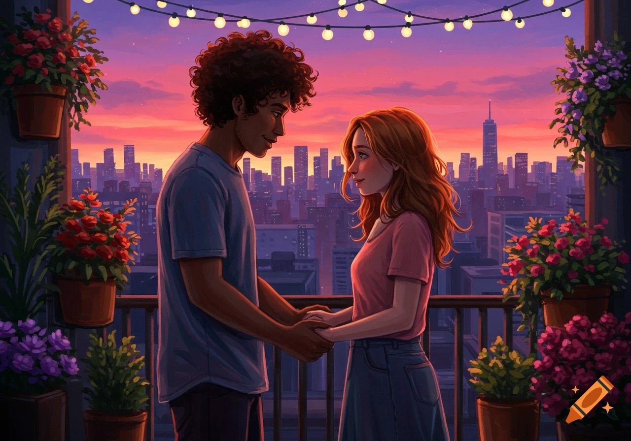 A biracial couple holds hands on a balcony overlooking a city skyline at sunset, in a vibrant digital painting style.