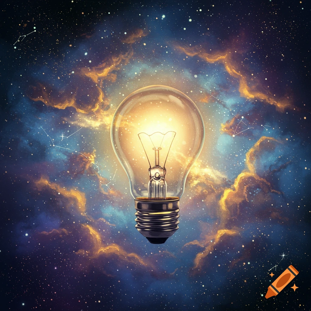 A brightly glowing lightbulb against a vibrant cosmic background filled with stars and colorful nebulae.