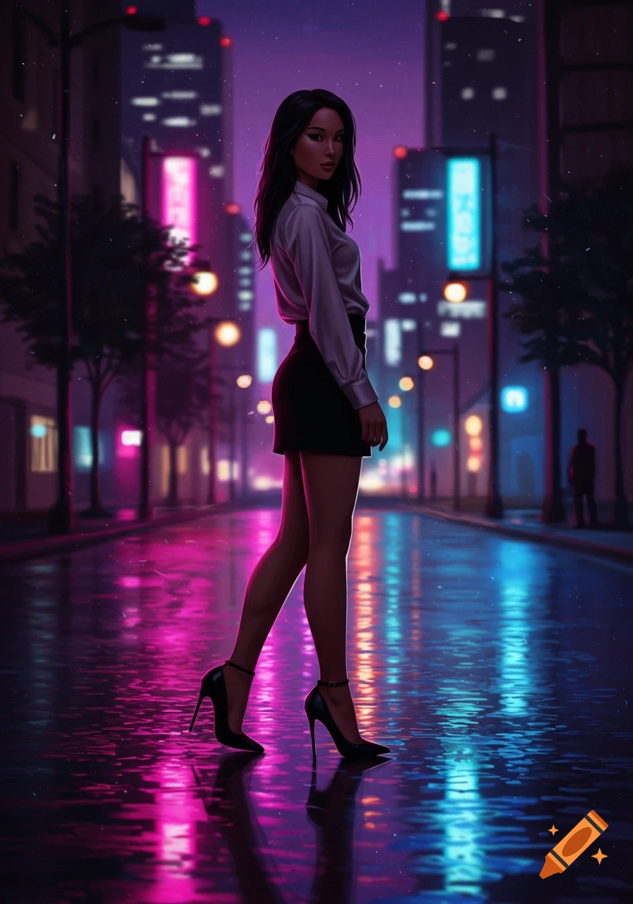 Digital art of an Asian woman in a white shirt, black skirt, and black heels, standing on a wet neon-lit city street at night.