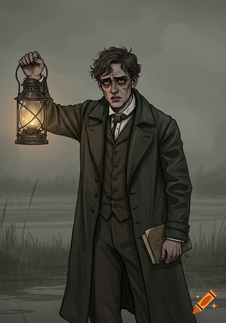 A worried man in a long coat holds a glowing lantern and a book in a foggy marshland in a detailed sketch.