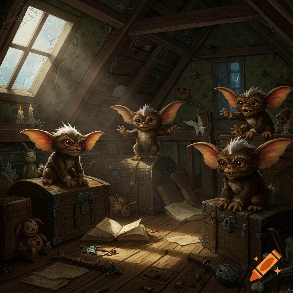 Four gremlin-like creatures with large ears and red eyes explore a dusty attic filled with old chests and items, sunlight streaming through a large window.