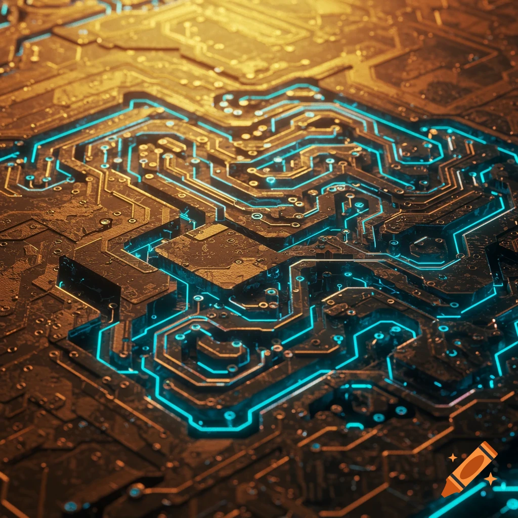 Close-up of a golden circuit board with glowing blue pathways resembling an intricate maze pattern.