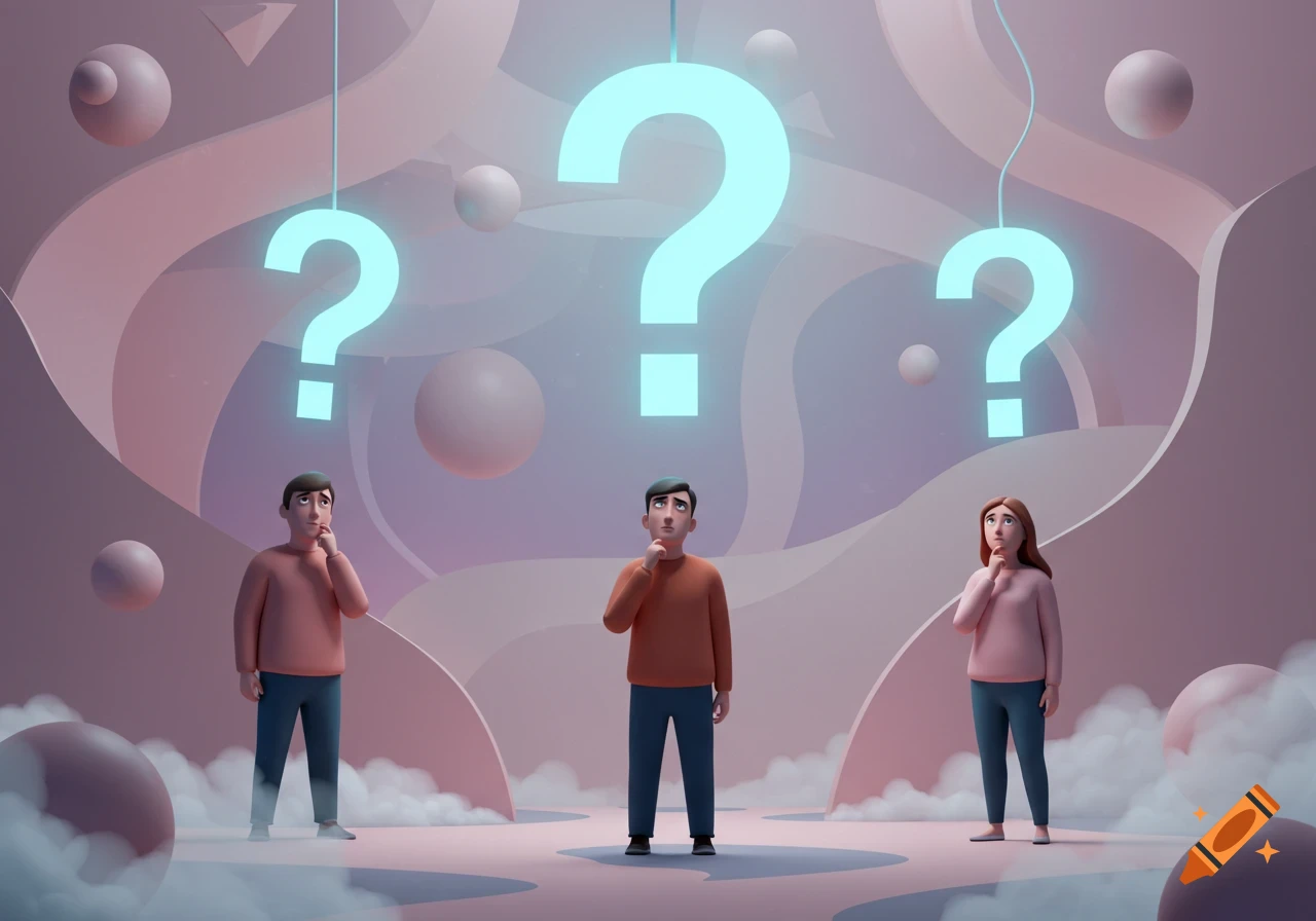 Three stylized figures look up thoughtfully at large, glowing question marks in a pastel, abstract setting with floating spheres.