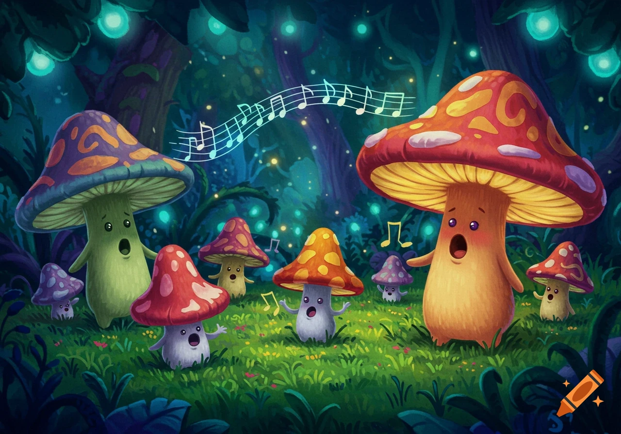 Cartoon mushrooms of various colors singing under glowing lights in a dark forest, with musical notes floating above them.