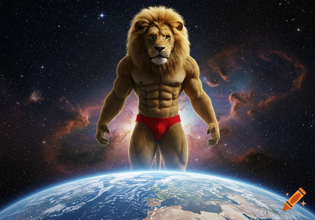 Photorealistic anthropomorphic muscular lion in a red speedo towering over Earth in space.